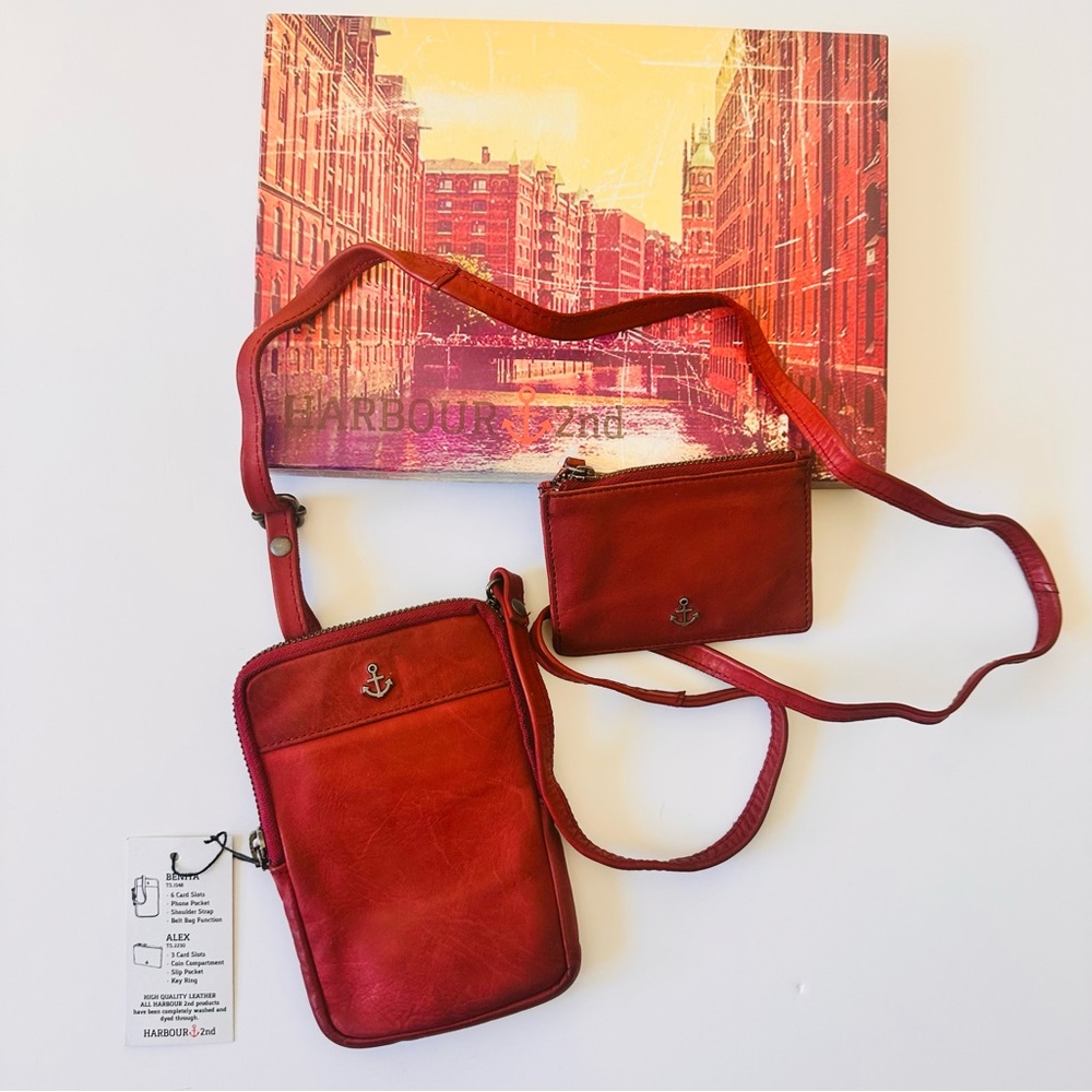 HARBOUR 2ND Leather Phone Crossbody W Credit Card Case‎ New  Wine Red Color